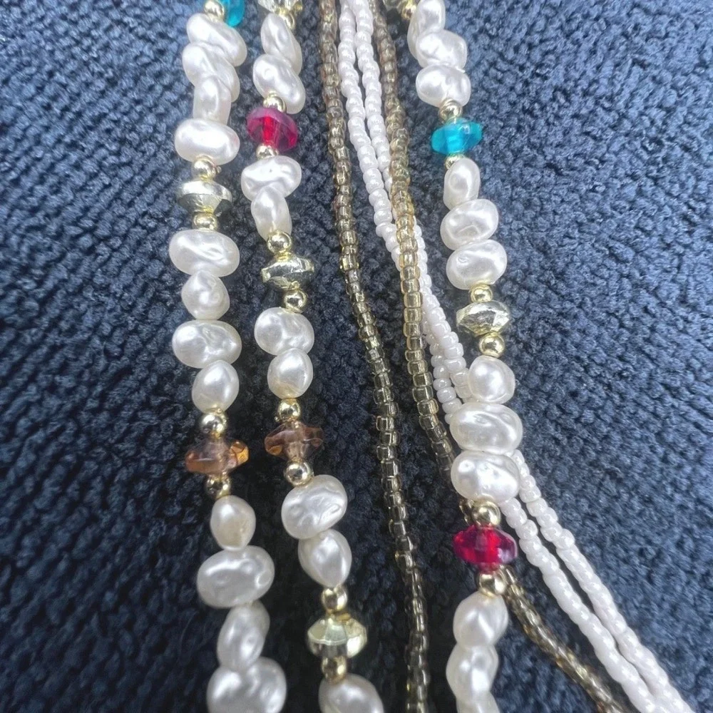 Vtg 7 Strand Necklace Faux Baroque and Seed Pearls Acrylic Gold Tone Accents 25